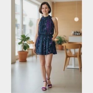 Ramy Brook Camilla Sheer Floral Silk Purple Sleeveless Smocked Tiered Minidress